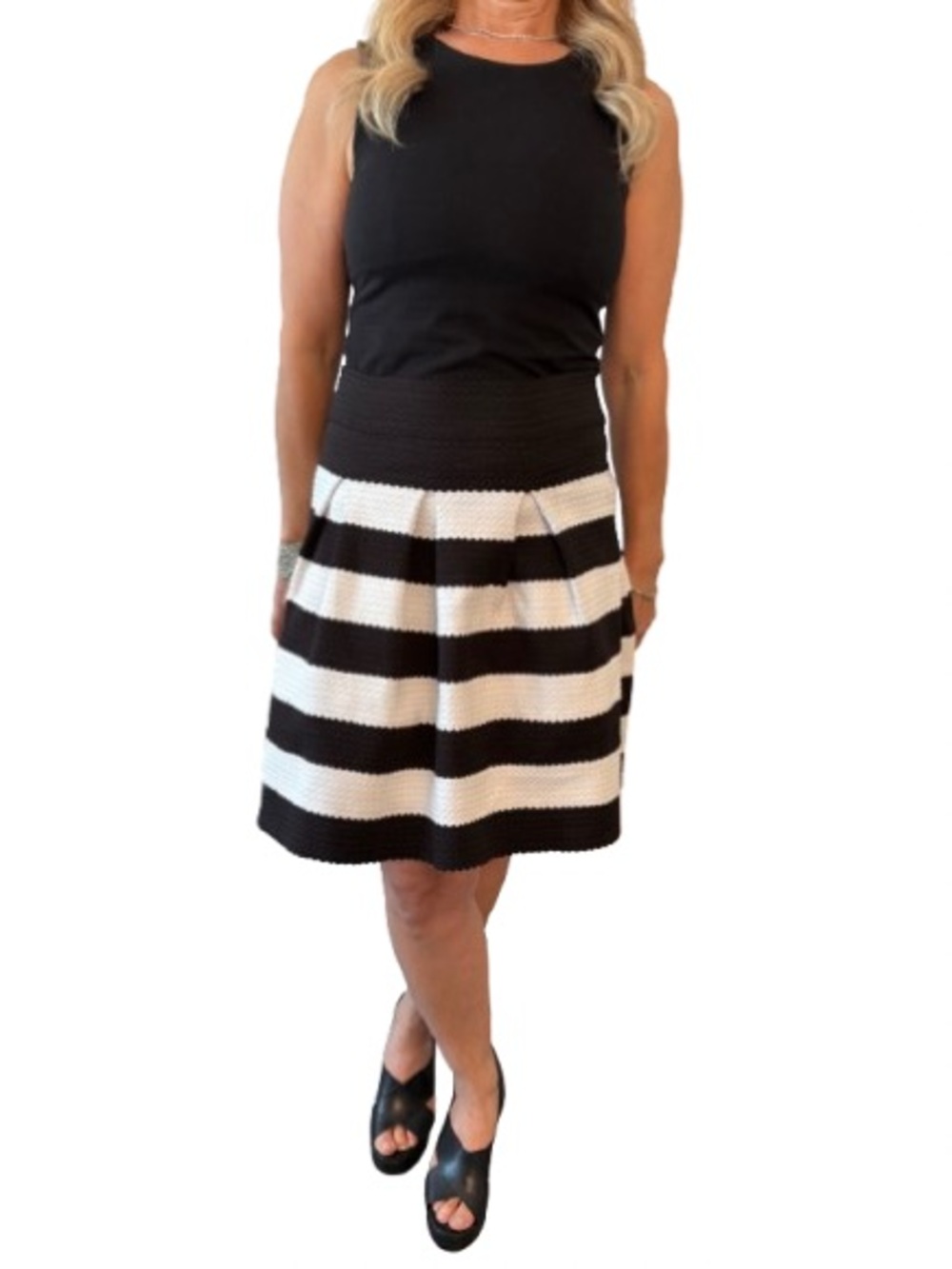 Ann Taylor Black and White Striped Skater Pleated Skirt.